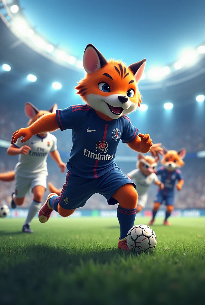 In a football match, They face each other, THE TIGER ARCHER, THE DEFENSE DOG, THE FRONT FOX. And on the other team, THE ARCHER MOUSE, CAT DEFENSE AND LION FORWARD. Let the 6 players be seen on the court, psg vs real madrid.
