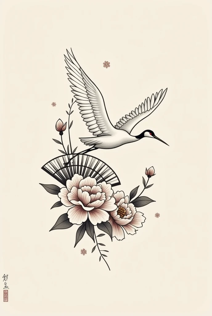 Tattoo Fineline Asian Crane Fan Female Peonies 

