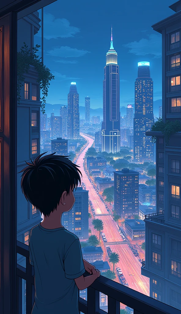 anime boy looking at the city from a balcony overlooking a city, makoto shinkai cyril rolando, makoto shinkai. —h 2160, style of makoto shinkai, in style of makoto shinkai, ( ( makoto shinkai ) ), makoto shinkai. digital render, makoto shinkai!, beautiful anime sceneHawaii, gta vice style , illustration , reteo comic illustration