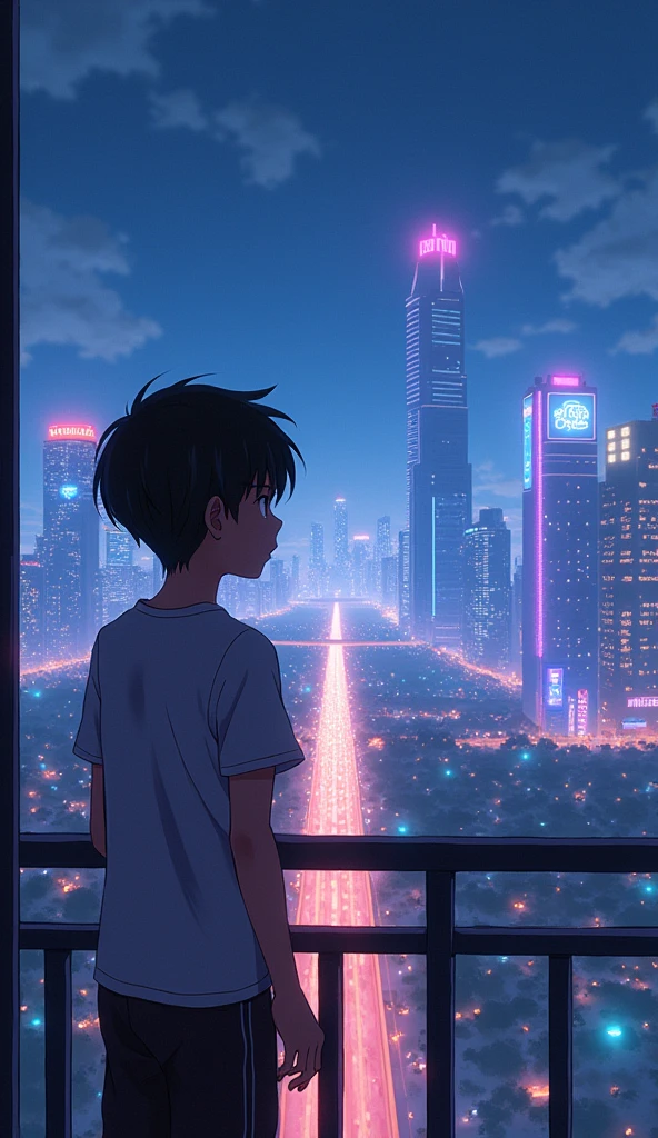 anime boy looking at the city from a balcony overlooking a city, makoto shinkai cyril rolando, makoto shinkai. —h 2160, style of makoto shinkai, in style of makoto shinkai, ( ( makoto shinkai ) ), makoto shinkai. digital render, makoto shinkai!, beautiful anime sceneHawaii, gta vice style , illustration , reteo comic illustration
