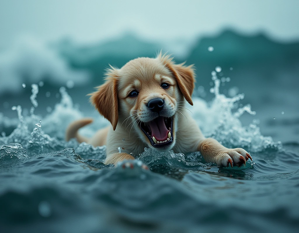 We need an image of a puppy about to drown in an ocean uss dog ke mouth me pani ho aur vah help ke liye roo rha ho