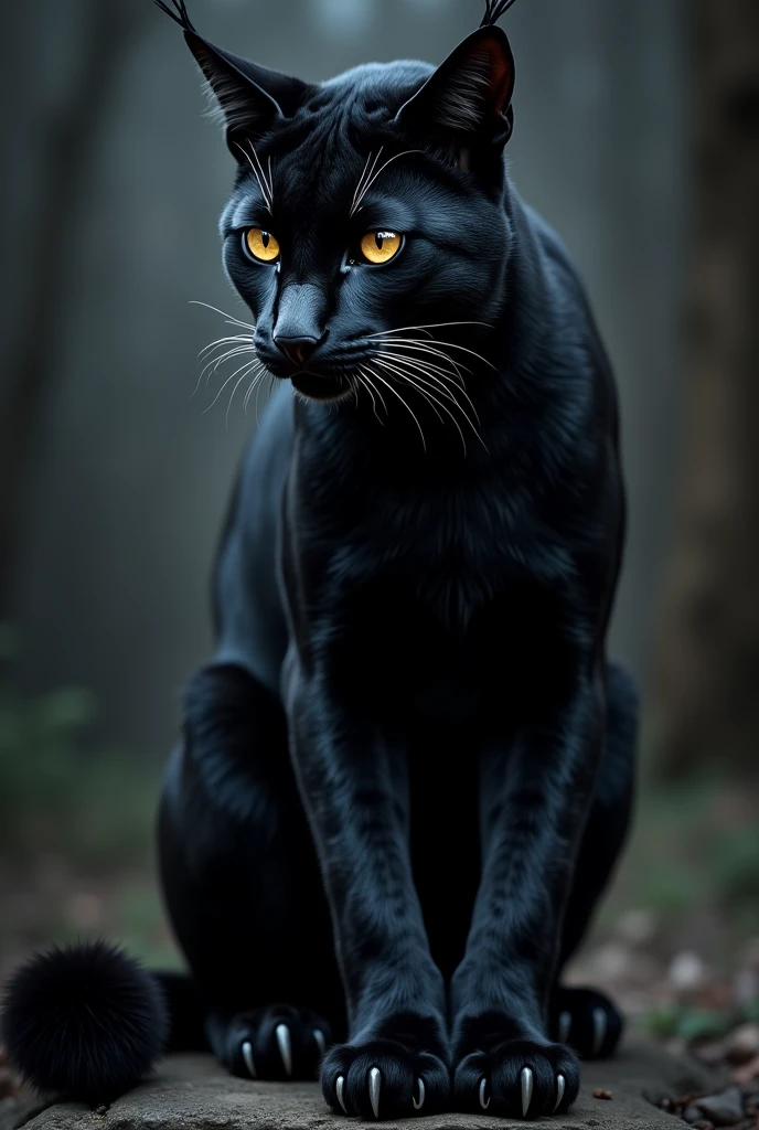 Create a Sexy and Muscular Female Black Lynx with Intimidating Yellow Eyes Standing