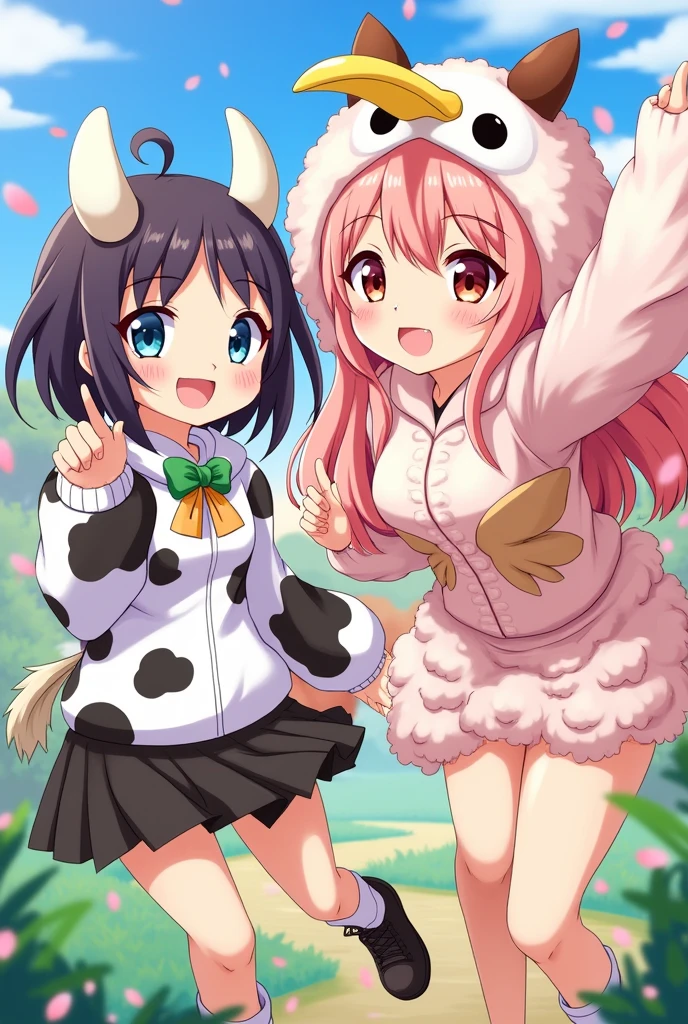 Three anime girls one dressed up as cow other girl  dressed up like ostrich 