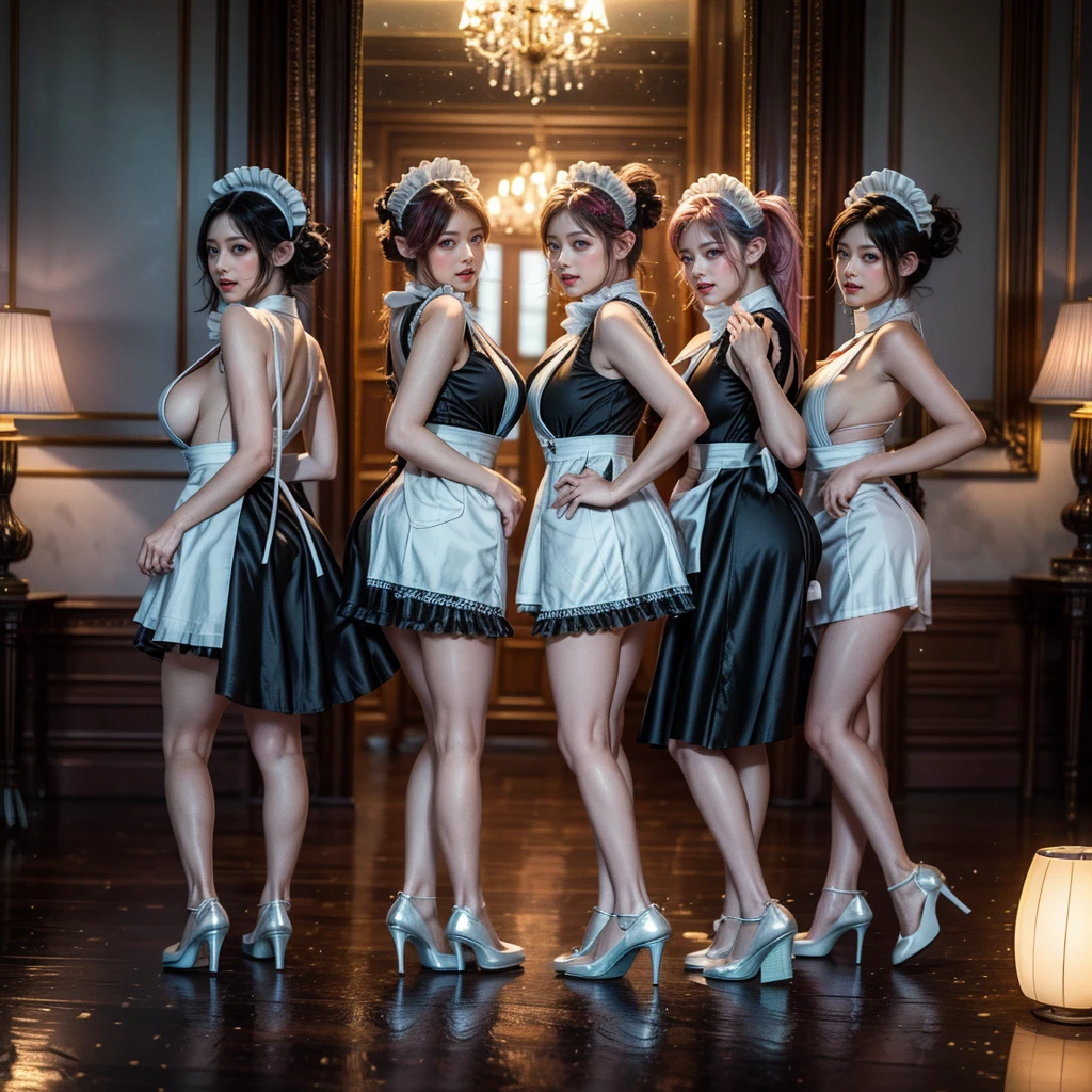 (Full Body of Extremely Detailed((Sexy Maid Group in a row:1.37))), KAWAII perfect face with Reflective Eyes, Detailed(Delicate Clothing textures), Correct Graceful Legs, Dynamic Joyful Expressions LifeLike Rendering, Specular Reflection of mirrored floor, TopQuality 8K Ultra-detailed masterpiece (ProfessionalPhoto:1.37), (Acutance:0.8), (Luminism:1.28), Renaissance art style, Portraits, Colorful Light particles, (Full body from side) {MicroMini Skirt|Kissing Face to Face|Thigh Gap|Cute Peach AssFocus|(NakedApron with (Overflowing Sideboob))}, Radiant Fine Skin with Transparency, (Exposed:0.4) {Pink Hair|LightBlue Hair|Blonde|Pure White Hair|Liquid Hair|Red Shoes}, Perfect Lighting