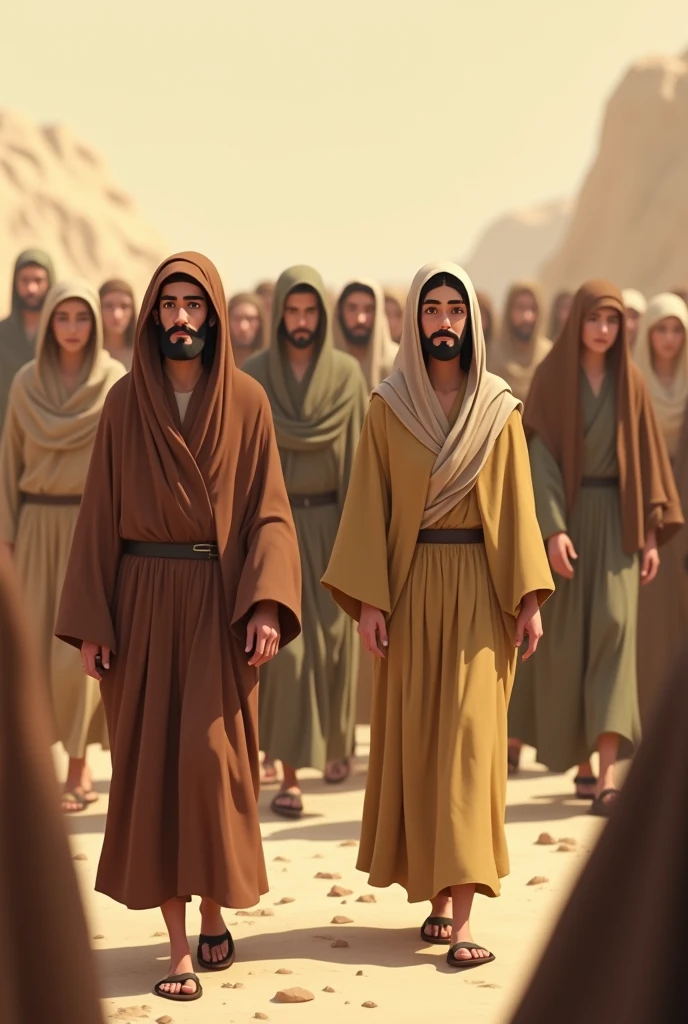 the people of Israel walking forward men and women with garments of different dull colors from the time of Jesus animated