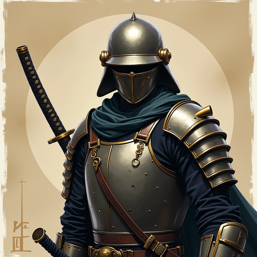 Pour créer l'image réaliste comme une photographie, imaginez un guerrier souriant, vêtu d'une armure de samouraï torse nu. Il tient un katana japonai. L'arrière-plan contient son nom " Grey Gay " avec un arc-en-ciel.