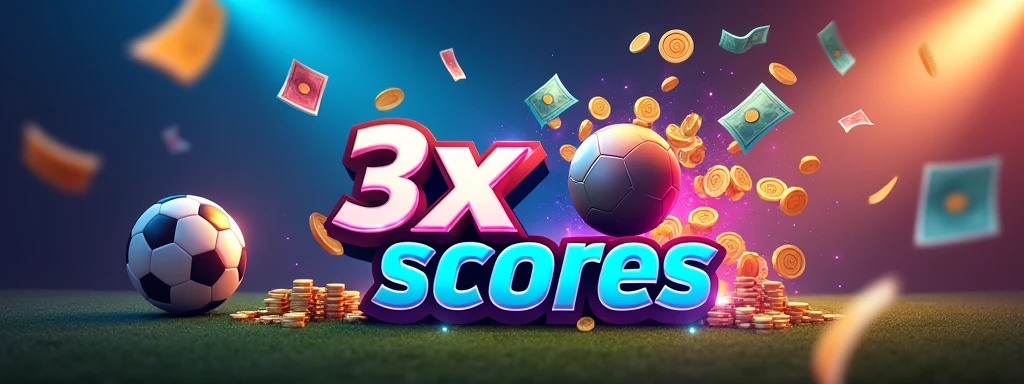Design a vibrant promotional banner for a football betting mobile application. The banner should feature a football and a smartphone, with colorful bills and coins flowing out of the phone, representing big wins and excitement. The overall theme should capture the thrilling world of football gambling. Ensure that the app name '3xscores' is prominently displayed in bold, eye-catching text, styled as a logo. The logo design should include dynamic elements like a football icon or a trophy, with vibrant colors that emphasize energy and excitement.