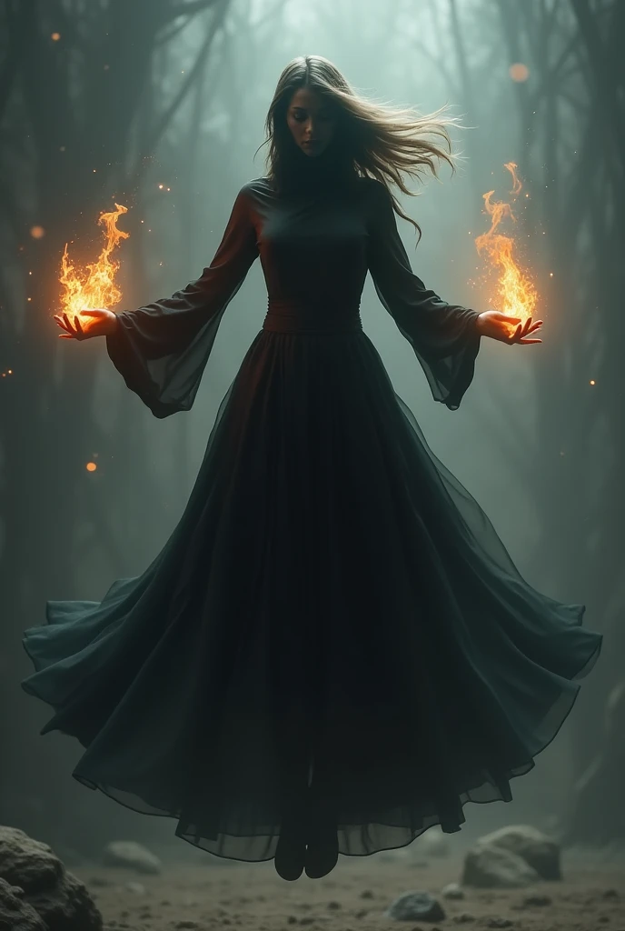 A woman flying in the air full her face cover with black dress haveing fire on her hand