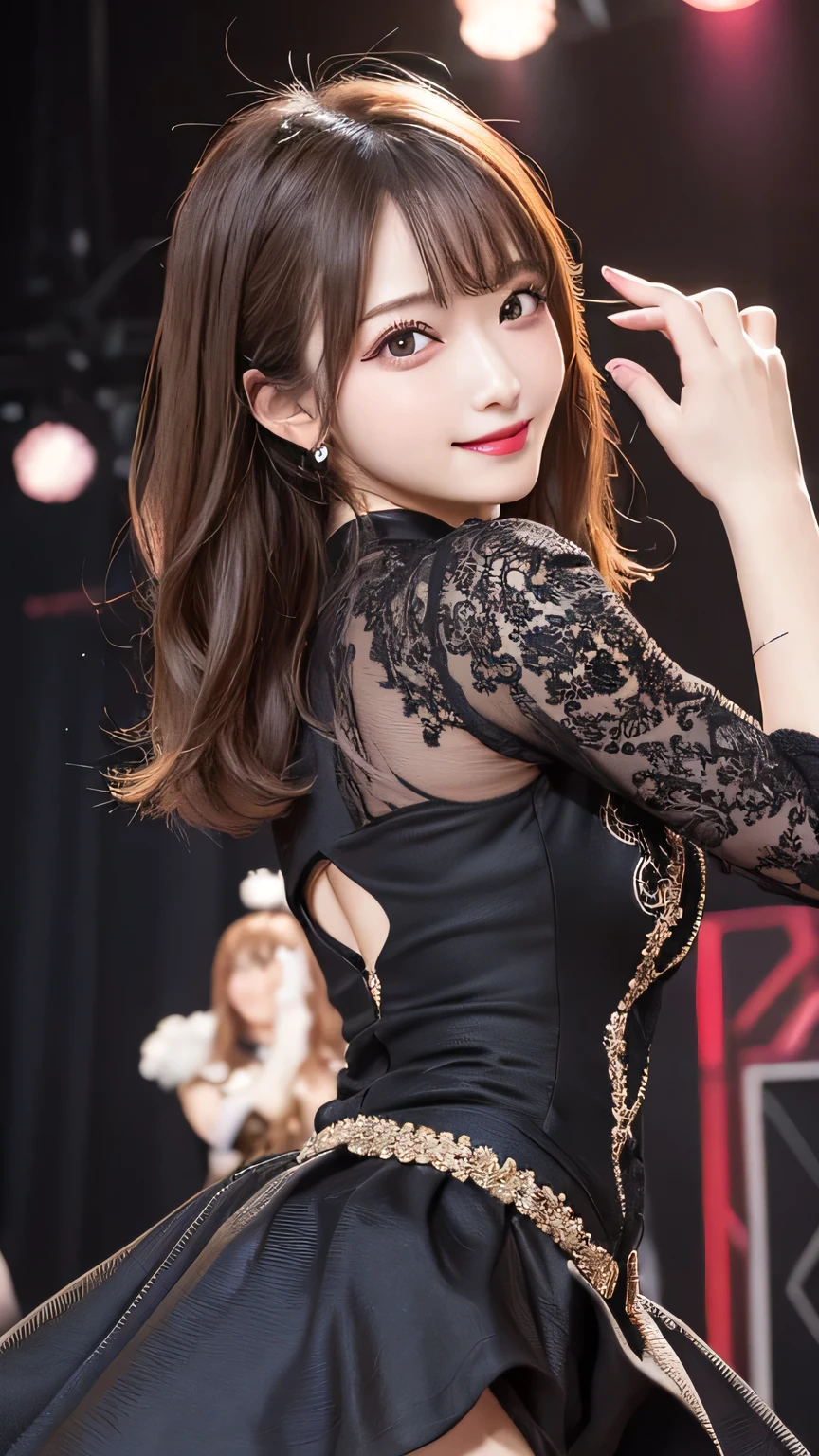 Tabletop, Highest quality, figure, Very detailed, In detail, High resolution, 8k wallpaper, Perfect dynamic composition, Beautiful attention to detail, (idol、stage)、(idolのかわいい衣装),Medium Hair, Natural color lip, Random sexy poses,smile,