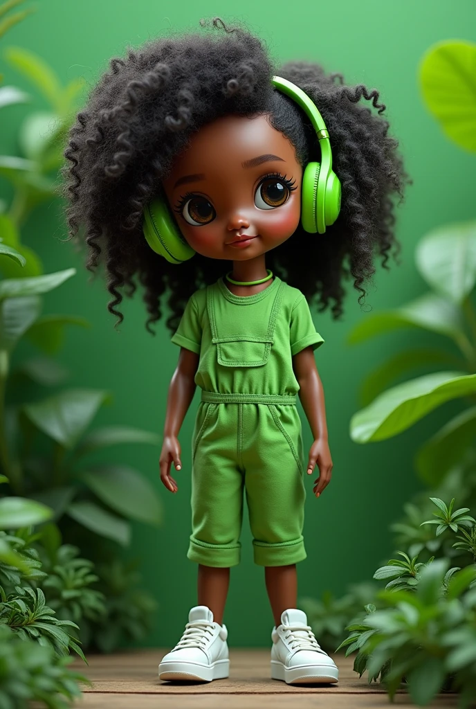 doll shape,darkskin, curly hair, green jumpsuit,white sneakers green headphones green scenery 