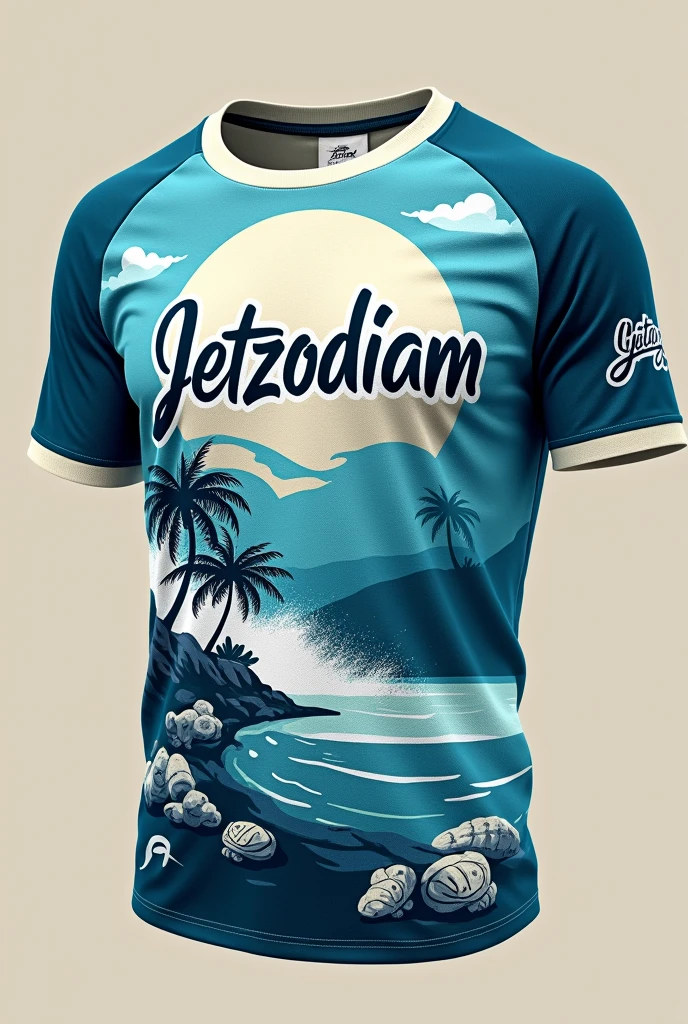 Create a BASEBALL shirt that says JETZODIAM that has the colors turquoise blue dark blue and white with basic beach stuff