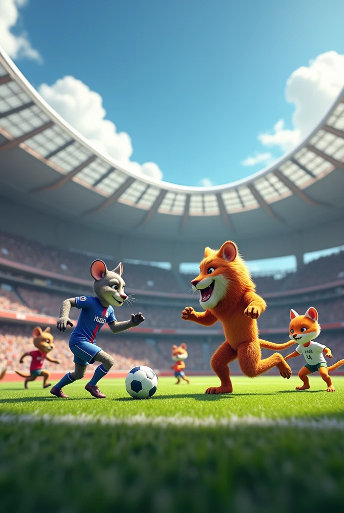 In a football match, psg vs real madrid, They face THE MOUSE archer, THE DOG defense and THE LION forward. And on the other team is THE TIGER the goalkeeper, THE FOX forward and THE CAT defense, that the image shows the entire court, the two teams in it, that the 6 characters appear in the image.