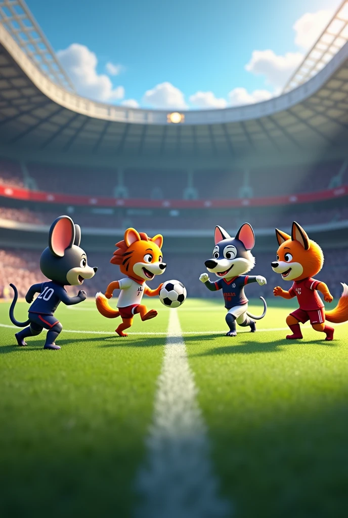 In a football match, psg vs real madrid, They face THE MOUSE archer, THE DOG defense and THE LION forward. And on the other team is THE TIGER the goalkeeper, THE FOX forward and THE CAT defense, that the image shows the entire court, the two teams in it, that the 6 characters appear in the image.