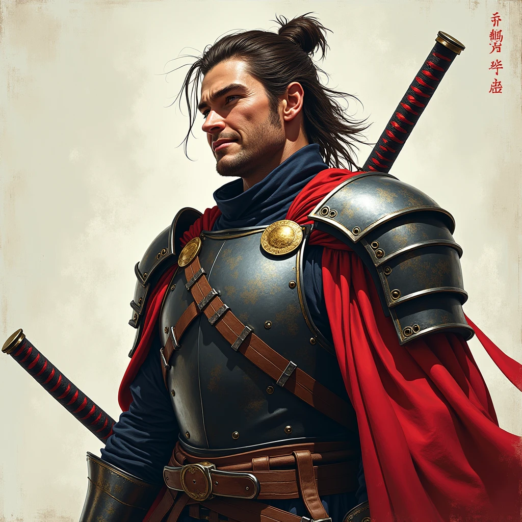 Pour créer l'image réaliste comme une photographie, imaginez un guerrier souriant, vêtu d'une armure de samouraï torse nu. Il tient un katana japonai. L'arrière-plan contient son nom " Grey Gay " avec un arc-en-ciel.