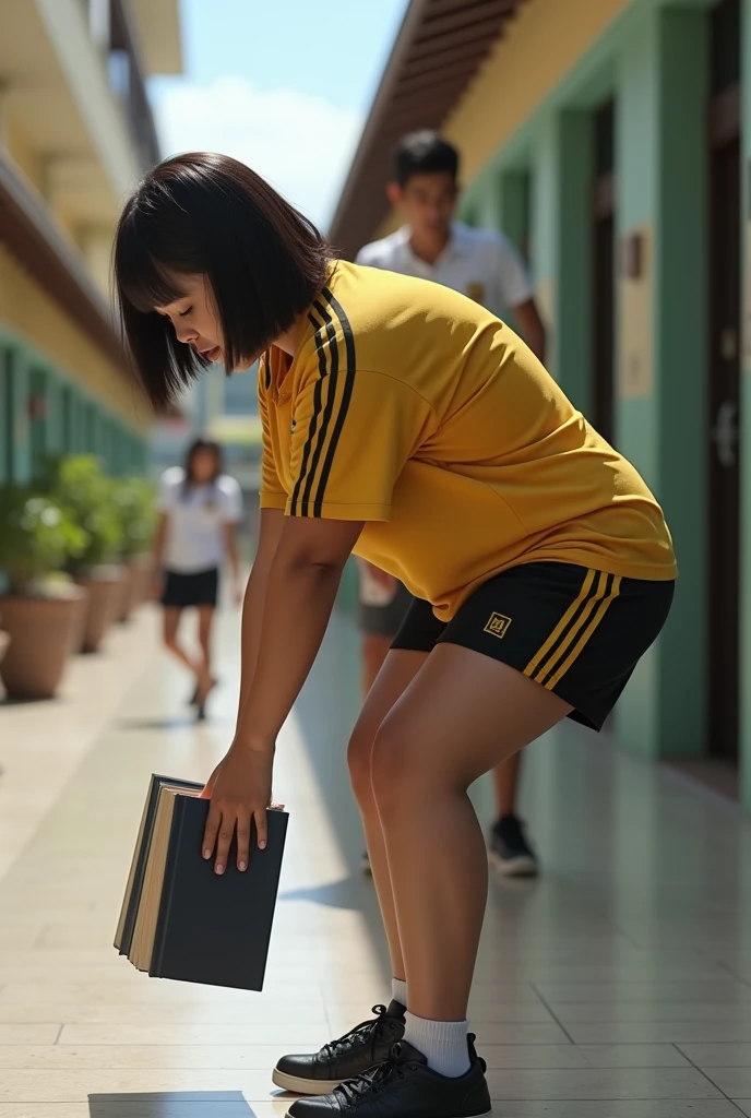 (photorealism:1.2), Girl with almost short hair wearing a yellow short-sleeved uniform shirt with black stripes on the shoulders and black mini shorts with yellow stripes on the sides and made of synthetic material and her books fall and she bends down to pick them up and she looks big assed and sexy and a boy comes and spanks her in a Peruvian school