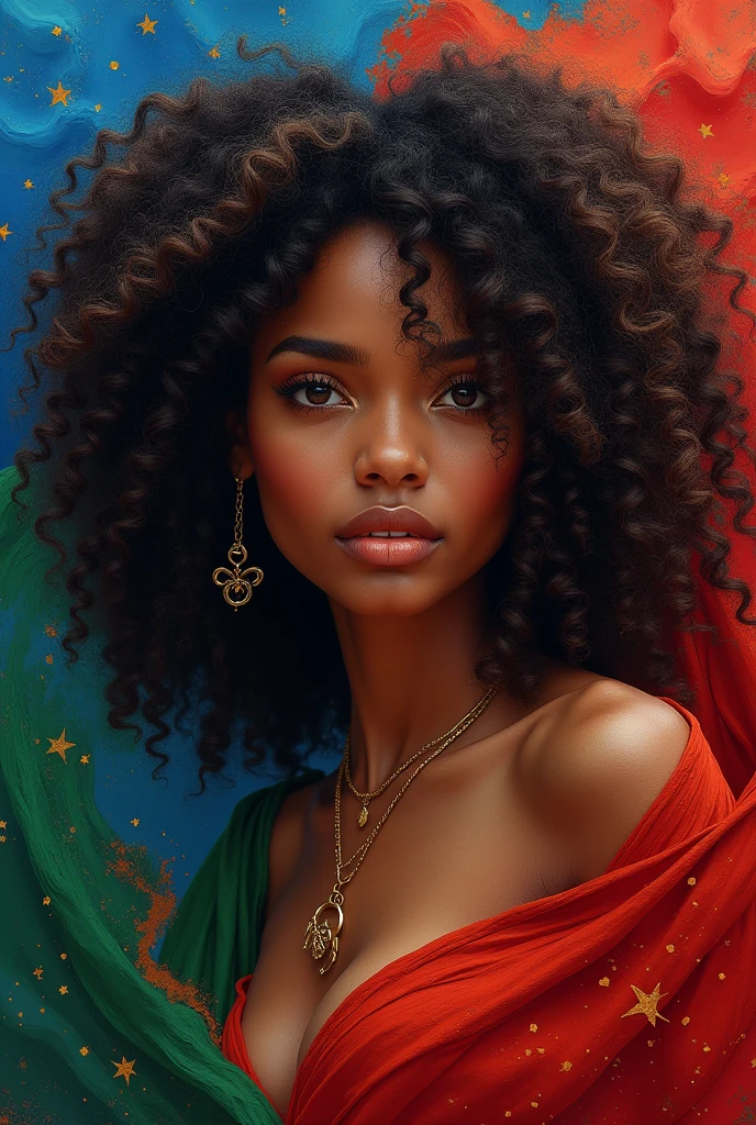 Chocolate skinned woman with curly hair brown eyes staring at me while representing the astrological signs , displaying the colors of the Haitian flag
