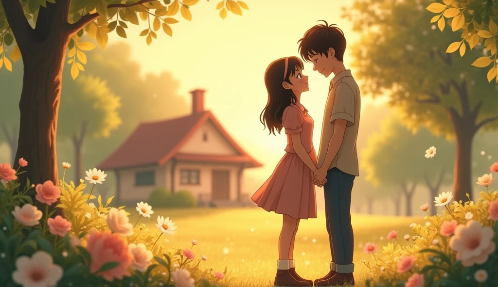 Create a warm and tender Studio Ghibli-style scene of a girl standing next to her boyfriend. The couple is smiling softly at each other, holding hands or standing close together, surrounded by a peaceful and natural environment. The lighting is soft and warm, with a gentle breeze in the air, typical of Ghibli's calming and romantic moments. The scene exudes a sense of comfort and affection, with pastel colors and detailed backgrounds, such as trees, flowers, or a cozy home in the distance