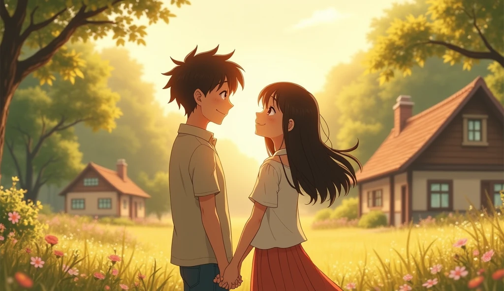 Create a warm and tender Studio Ghibli-style scene of a girl standing next to her boyfriend. The couple is smiling softly at each other, holding hands or standing close together, surrounded by a peaceful and natural environment. The lighting is soft and warm, with a gentle breeze in the air, typical of Ghibli's calming and romantic moments. The scene exudes a sense of comfort and affection, with pastel colors and detailed backgrounds, such as trees, flowers, or a cozy home in the distance