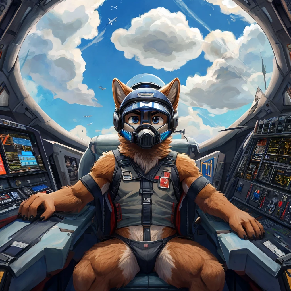 Fighter jet cockpit, front view, furry, art, canine, brown fur, fluffy, fighter pilot helmet, black semitransparent visor on, fighter pilot oxygen mask on, clouds, another fighter jet chasing him behind, front view fighter jet cockpit, seat