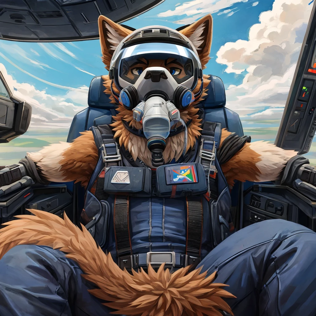 Fighter jet cockpit, front view, furry, art, canine, brown fur, fluffy, fighter pilot helmet, black semitransparent visor on, fighter pilot oxygen mask on, clouds, another fighter jet chasing him behind, front view fighter jet cockpit, seat