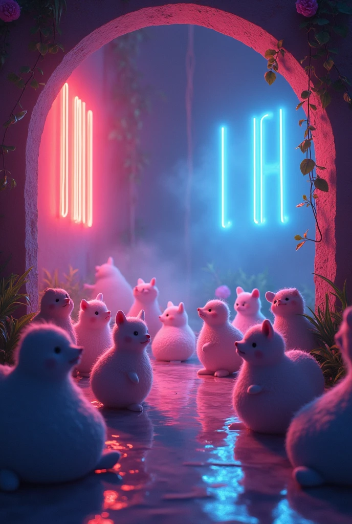  In a calm and serene corner of the party, the Noble Gases—Helium, Neon, Argon, Krypton, Xenon, and Radon—are depicted as peaceful and self-contained characters. Neon is shining brightly, casting colorful, vibrant lights around the scene. The other Noble Gases are shown enjoying the quiet and observing the festivities from a distance. The background should reflect a tranquil and luminous atmosphere with soft, glowing effects to highlight their unique presence.