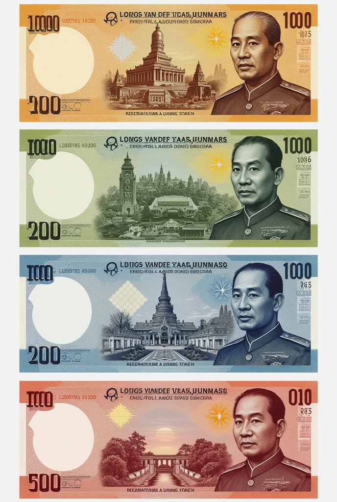 I wanna make my own banknotes for 100, 200, 500, 1000, 5000, 10000, 50000 RISES as usual, in different colors. At the front side of 15.5 cm x 6.9 cm of notes, General Aung San pic  will appear with the value, and at the back, different Myanmar’s popular places will appear. Note; white watermark is at the left side of front view, and if couse at the right side of back mote. Make them in one sheet as a professional. Make them attractive like thai bahts