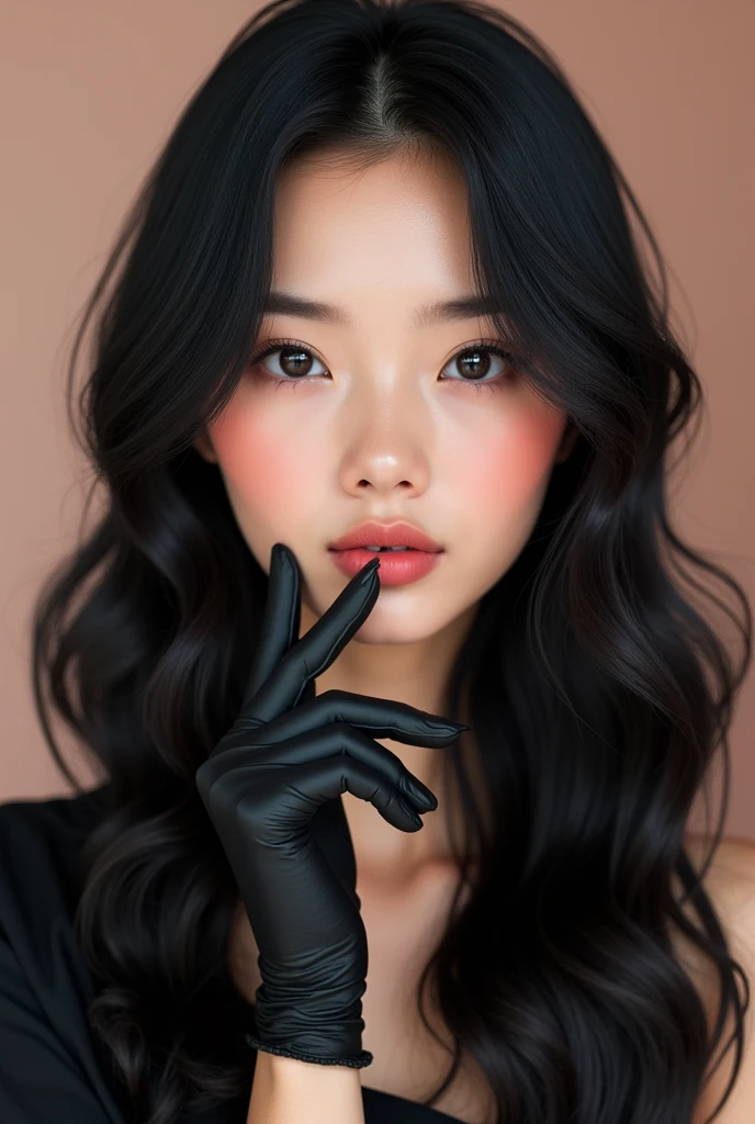 photoPractical, Lip Gloss, Practical, best quality, Ultra-high resolution, depth, Pastel colors, Natural shade, Face Focused, Just the face, Looking at the audience, Long hair, Black Hair, Brown, detailed eyes, Black skirt, Gloves, Anatomically correct