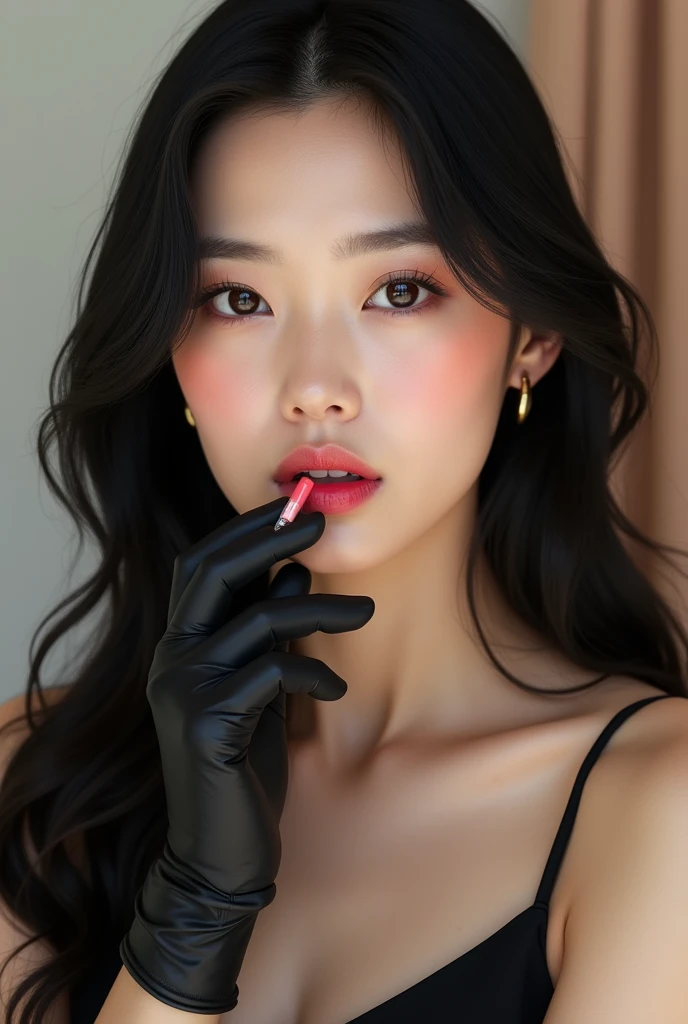 photoPractical, Lip Gloss, Practical, best quality, Ultra-high resolution, depth, Pastel colors, Natural shade, Face Focused, Just the face, Looking at the audience, Long hair, Black Hair, Brown, detailed eyes, Black skirt, Gloves, Anatomically correct