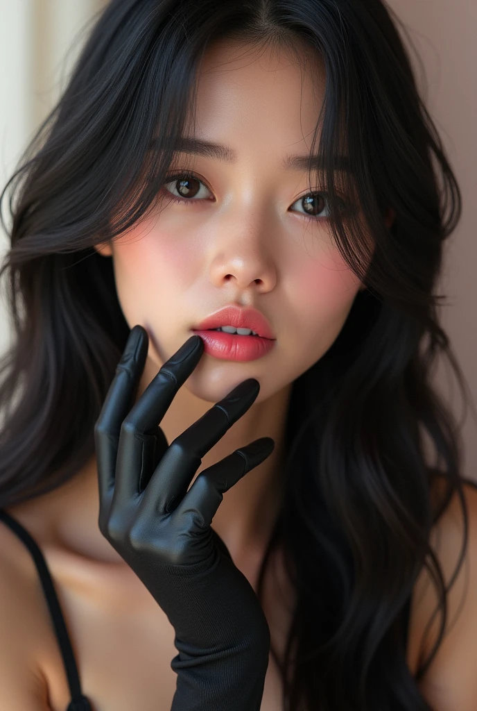 photoPractical, Lip Gloss, Practical, best quality, Ultra-high resolution, depth, Pastel colors, Natural shade, Face Focused, Just the face, Looking at the audience, Long hair, Black Hair, Brown, detailed eyes, Black skirt, Gloves, Anatomically correct