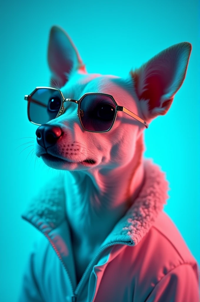 The best cell phone wallpaper, Award-Winning Wallpaper, portrait photography, In the front view is a portrait of a cute dog wearing mid-1960s space age fashion, Side view photo, Shot with Canon EOS R5, Set a strong contrast that accentuates the subject, Fluorescent blue tone, Wearing a very modern coat and sunglasses is a modern 1960s style, Clothes all in one color, beautiful background