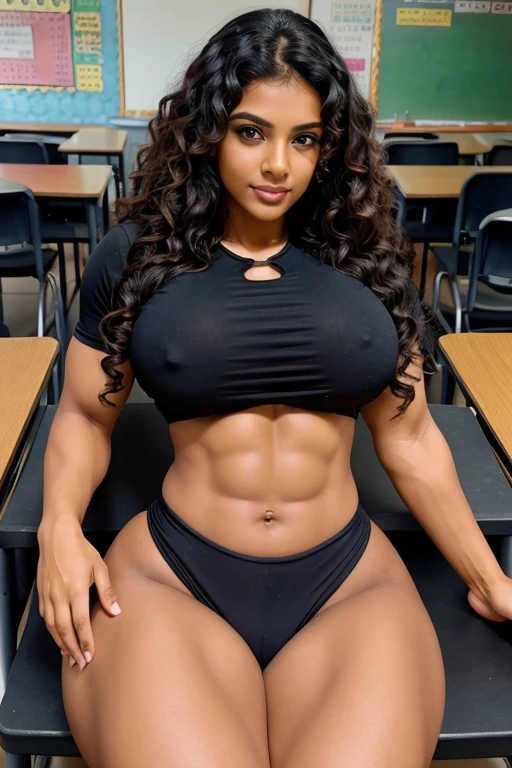 Hot Indian bodybuilder women of age 36 having curly hair and muscular body and giving out sexual expression from her tongue and having Big chest and extra large boobs flexing of her muscular body and sexy and large sexy thighs having big hips and wearing nothing  and sitting in a comfortable posture on the bench of classroom by folding her legs and sweating from all the body in the background of a classroom and kissing on lips with a young boy of  of 6 