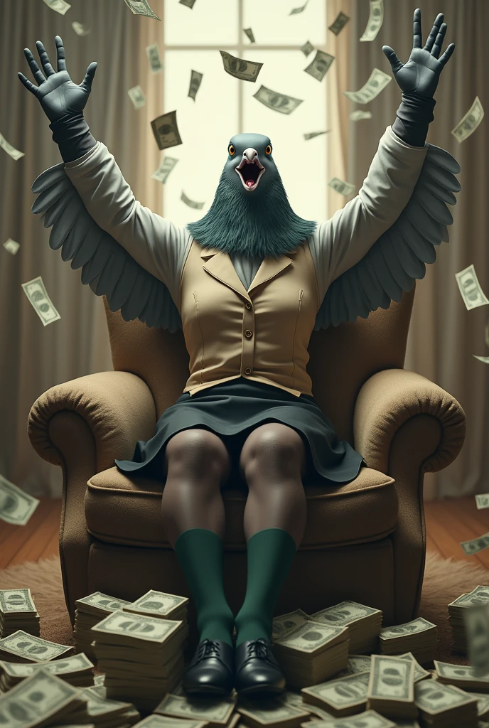 ((Highest quality)), ((masterpiece)), (photograph), (front), (Short sleeve), (Crossing one's limbs), (Bills flying everywhere),((A wave of bills in the room)), A grey female pigeon with her mouth wide open is wearing an off-white collared short-sleeved shirt, a light brown vest, a knee-length black skirt, dark green socks and black shoes.、She is sitting cross-legged in a plush chair with her arms spread above her head、Surrounded by a lot of money, bills flying around, ((A stack of bills that covered the lower half of the body)), Muscular grey female pigeon、photographのようなリアルな画像。