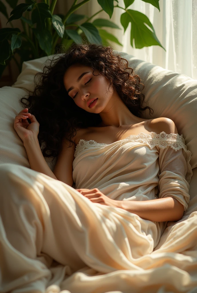(photorealism:1.2), beautiful woman, sleeping on bed, wearing transparent saree, long curly hair, indoors, soft lighting, plants in background, window with sunlight, cozy room, relaxed pose, realistic, intricate details, warm colors, by Greg Rutkowski, by Alphonse Mucha