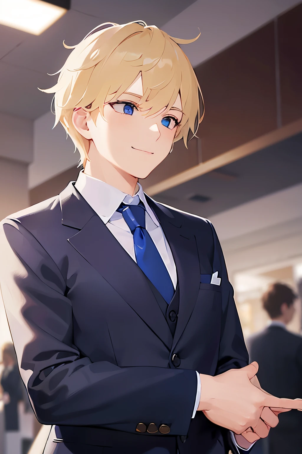 side angle, (looking away:1.5),upper body、shiny skin、masterpiece、Highest quality、BREAK ld male:1.5) and (Blonde short hair) and (Blue eyes), (Wearing a suit:1.3) and (tie) BREAK 
(smile:1.3),open mouth,Are standing、The background is the office、(alone:1.5)、Upper body is shown、