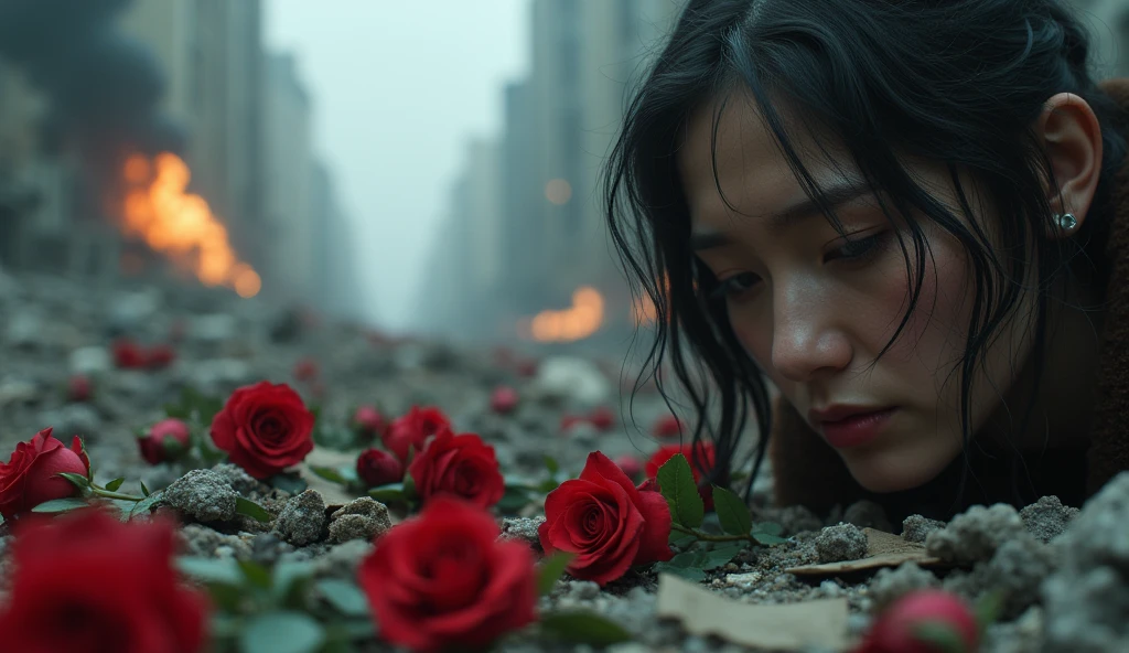 2024; (masterpiece, best quality) destroyed city roses on the floor(Sidney); flowers on the ground; 1sad woman sold looking Down(close-up); bombs falling from the sky.; fire around.