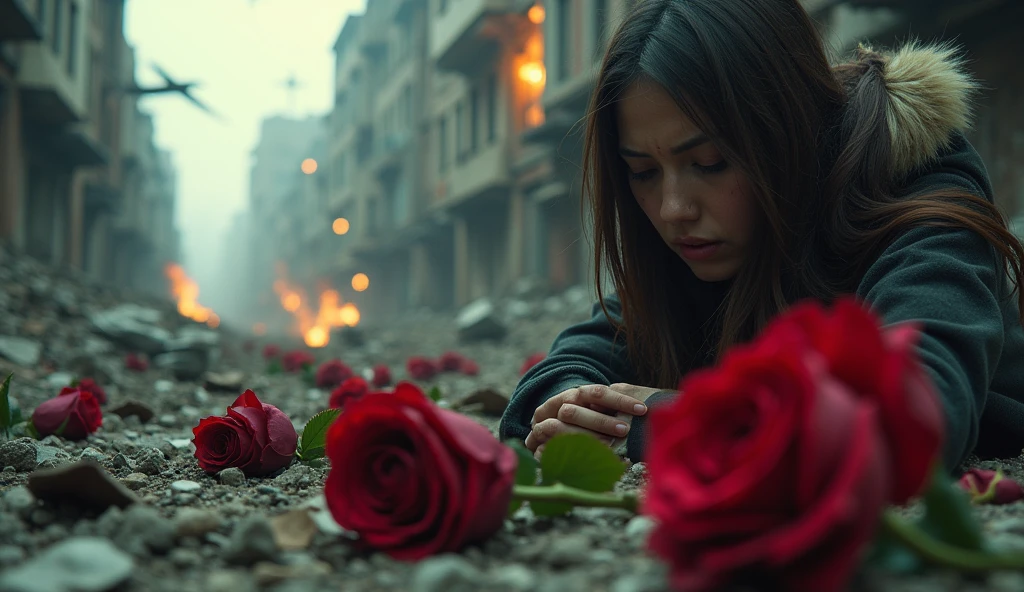 2024; (masterpiece, best quality) destroyed city roses on the floor(Sidney); flowers on the ground; 1sad woman sold looking Down(close-up); bombs falling from the sky.; fire around.