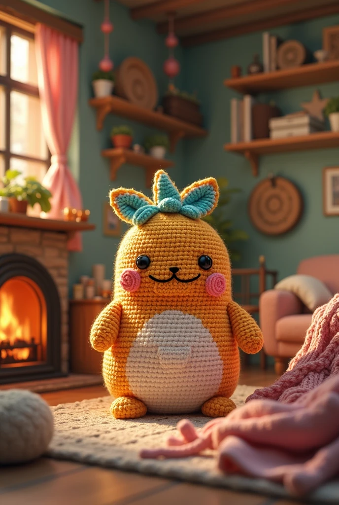 An amigurumi decorating a cozy room focusing on amigurumi 