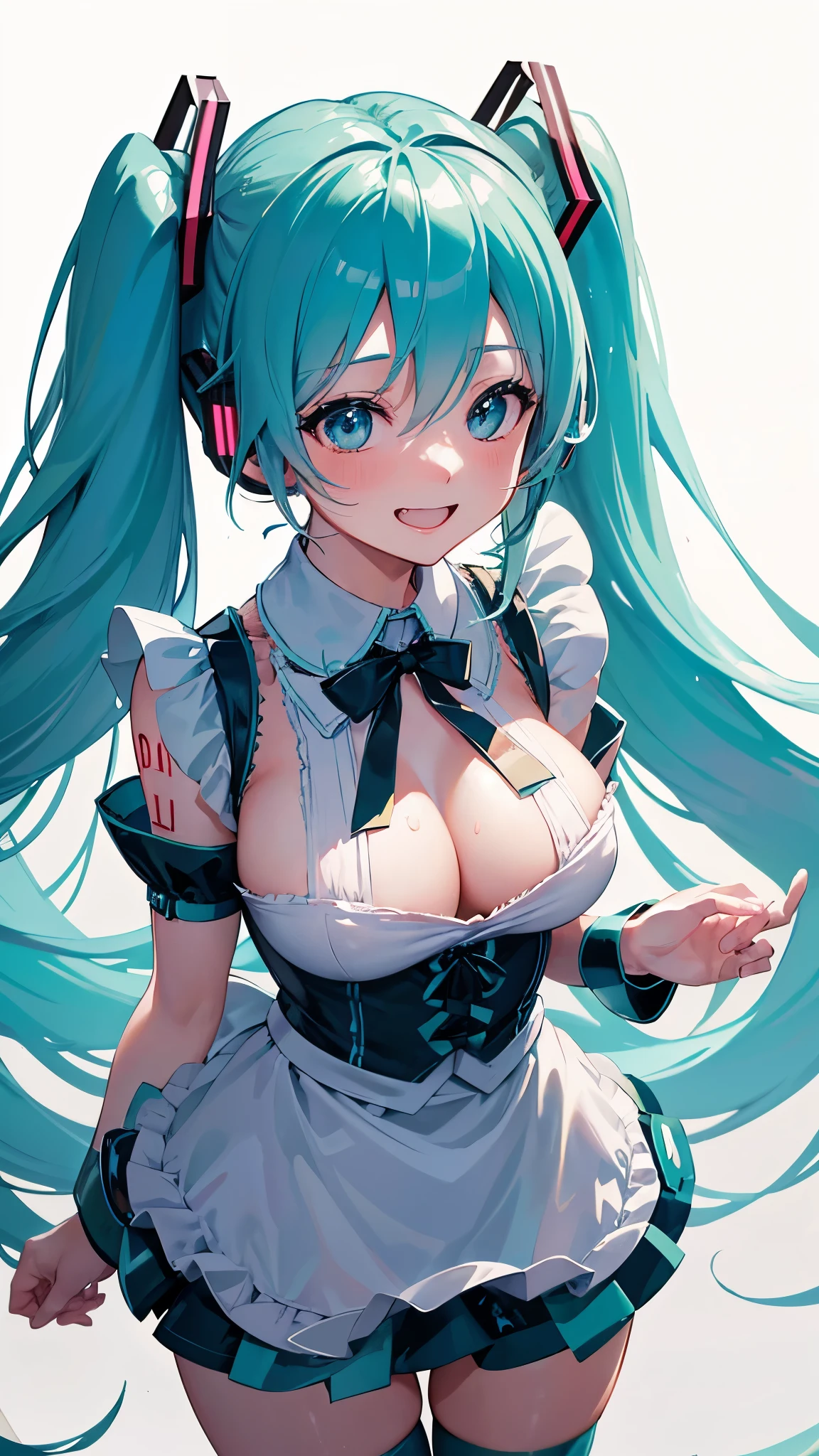 (((anime-style cute face))),(((Hatsune Miku))),Highest quality, (8k, RAW Photos, Highest quality, masterpiece), (extremely detailed 8k wallpaper),Professional Lighting,Sharp focus, Depth of written boundary、Ticker,(((Face close-up)))、(looking at the camera),((((very happy face))))、Very big eyes、anatomically correct body、Big thighs、Light from the front、The face is bright、Cute big tits、Slightly muscular、(((The revealing maid outfit is white and yellow)))、（The costume fits perfectly）、Nipples、Cleavage、Belly button、（The frilly mini skirt is pink and white）、Shot from above、lure、Lots of sweat、Accentuates body lines、Side Shot:1.3、Full body photography、A luxury hotel room、