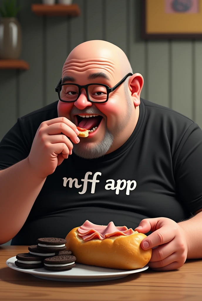 white male, baldie, fatter, cheeky, wrinkled face, Large belly, with glasses, eating baguette bread with ham with several Oreo cookies on a table, wearing a black shirt with the exact word written on it "MPF APP" written in Portuguese.
