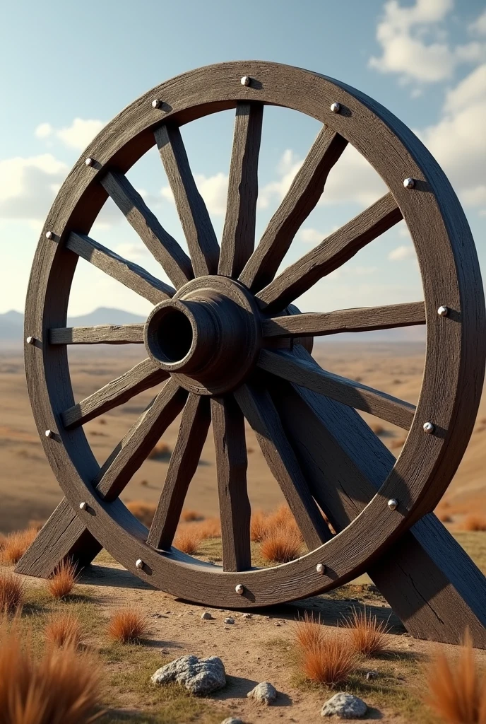 create an image of a wooden wagon wheel with exactly 16 spokes in its center
