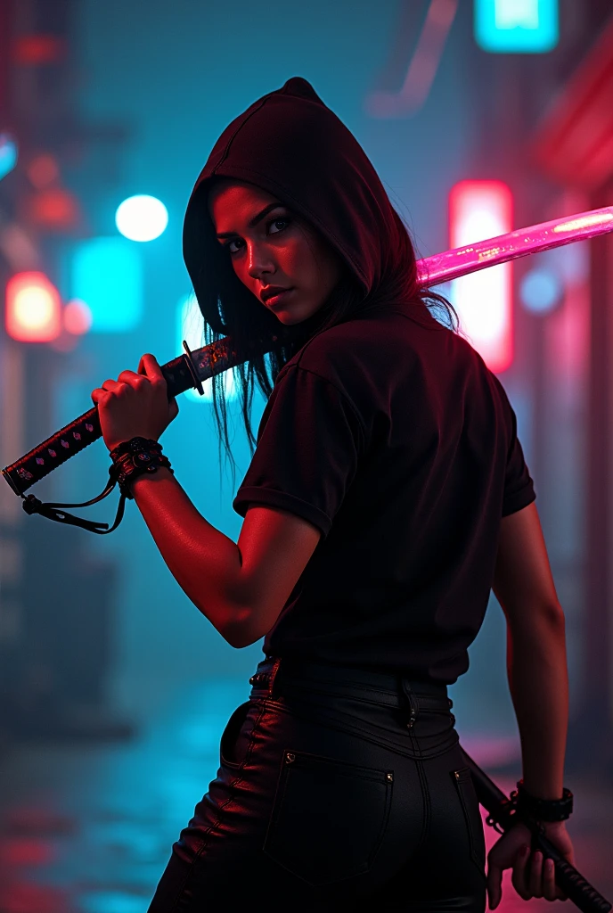A cool Black t-shirt, A cool assassin holding katana with neon lights printed on it