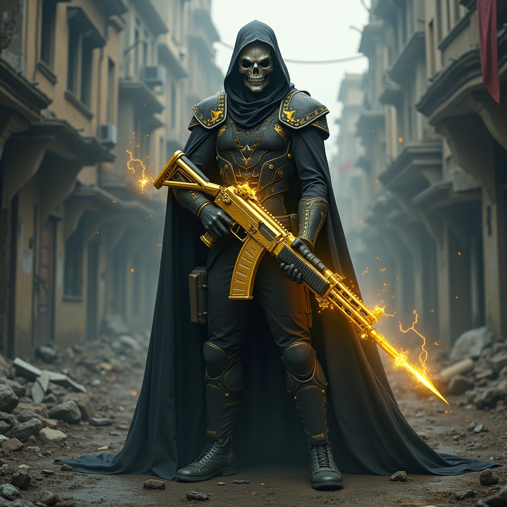 a highly detailed photo of Ghost from Call of Duty, wearing a skull mask, holding a gold AK117 assault rifle, standing in a destroyed city with bullet holes in the background, the words "iKillAce" written in the background, surrounded by an aura of power, dark and dramatic fantasy atmosphere, dramatic lighting, cinematic composition, hyper realistic, 8k, best quality, masterpiece, Gun also has magic bullet,iKillAce is written with black thunder like a fantasy magic.
