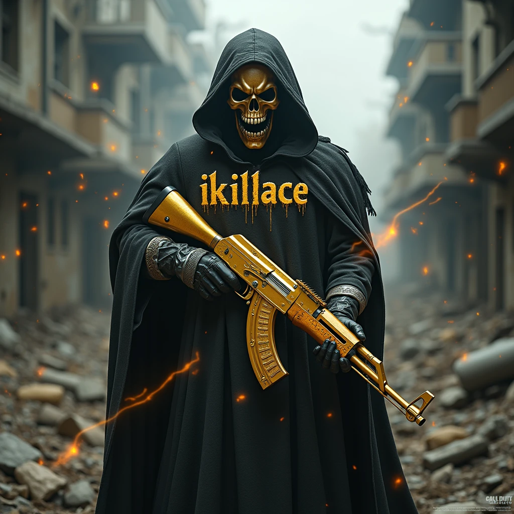 a highly detailed photo of Ghost from Call of Duty, wearing a skull mask, holding a gold AK117 assault rifle, standing in a destroyed city with bullet holes in the background, the words "iKillAce" written in the background, surrounded by an aura of power, dark and dramatic fantasy atmosphere, dramatic lighting, cinematic composition, hyper realistic, 8k, best quality, masterpiece, Gun also has magic bullet,iKillAce is written with black thunder like a fantasy magic.