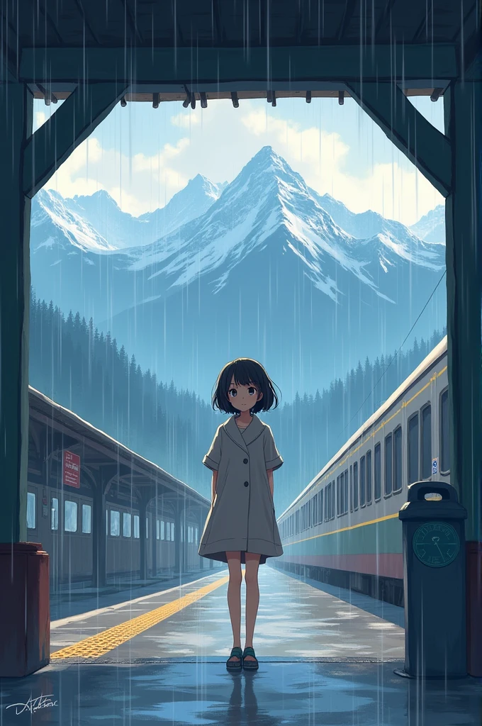 Cute girl standing in train and raining and some mountains in background 