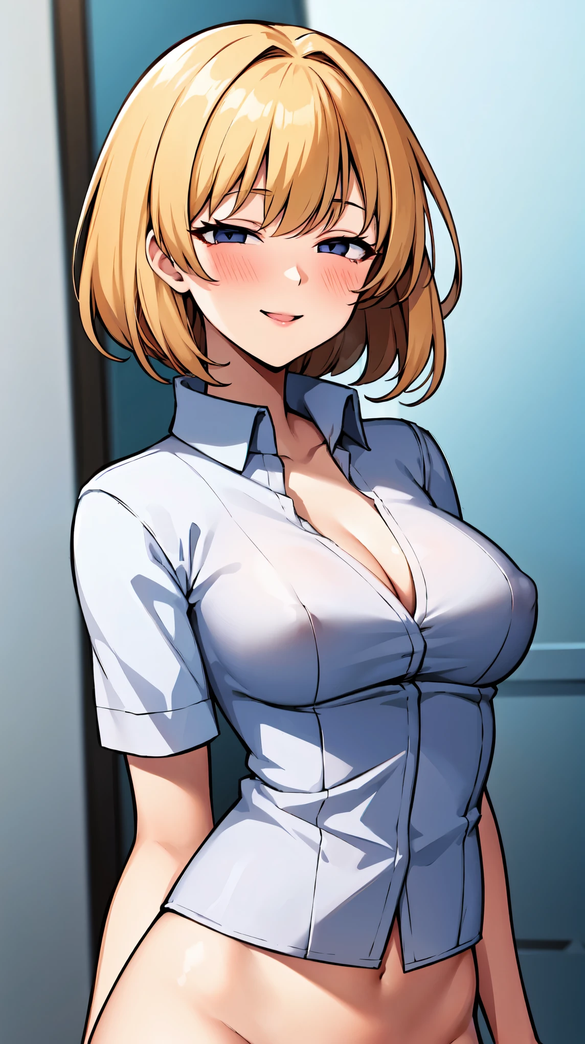 （（super high quality,Ultra-high resolution,16K,super masterpiece,Ultra HD ,Detailed shading,））One sexy woman,Naked shirt,popped Tight collar White shirts,Looking at the camera,smile,blush,