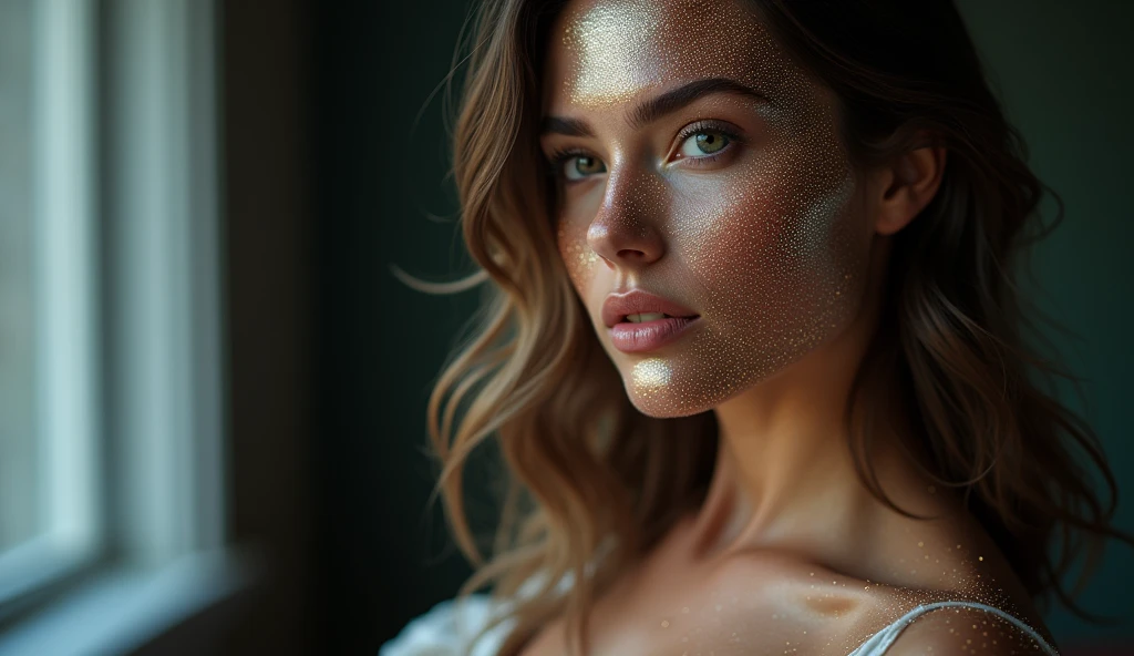 (Masterpiece.UHD.photorealistic..) (profile. From side) an ultra hot gorgeous European woman. Age 23. Voluptuous hourglass body. Gorgeous face. Epic cleavage. Huge breast. (100 E size). Her face is fully covered with nanodots.