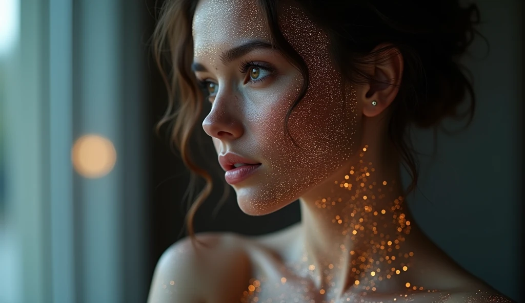 (Masterpiece.UHD.photorealistic..) (profile. From side) an ultra hot gorgeous European woman. Age 23. Voluptuous hourglass body. Gorgeous face. Epic cleavage. Huge breast. (100 E size). Her face is fully covered with nanodots.