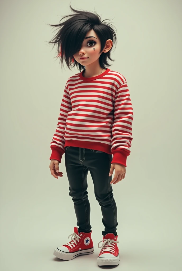 Create an image of an emo college student who's male. Give him long black and red emo hair that covers one of his eyes. Give him eyeliner, snakebite piercings, a tight red and white striped shirt, black skinny jeans, and red Chuck Taylor shoes. Make his clothing look like he's inflated like a balloon, and make him float against the ceiling.