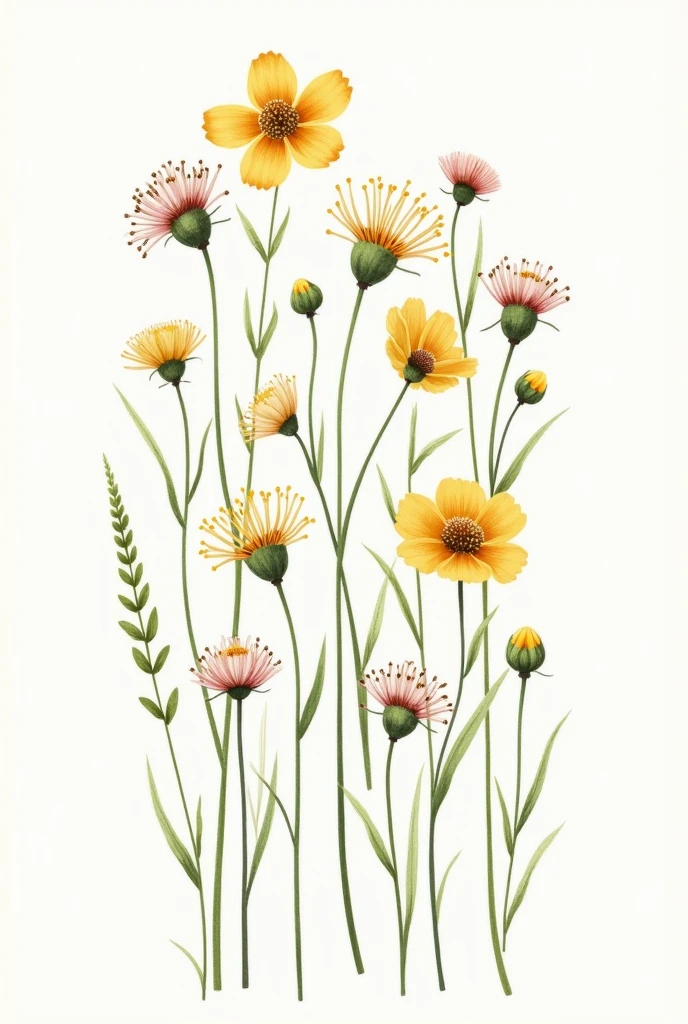 ((best quality)), ((masterpiece)), (detailed), Hand drawn wildflowers illustration: Small drawing with thin line art and soft colors, detailed vignettes of wildflowers arranged in clusters or frames, ,.