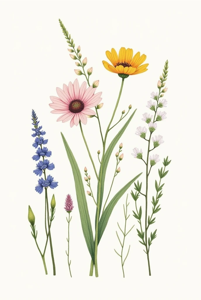 ((best quality)), ((masterpiece)), (detailed), Hand drawn wildflowers illustration: Small drawing with thin line art and soft colors, detailed vignettes of wildflowers arranged in clusters or frames, ,.